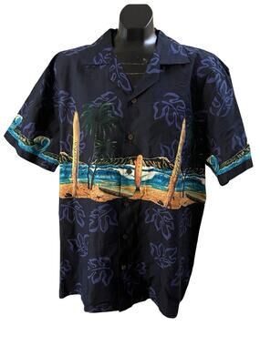 Favant Hawaiian Surfboard Print Button-Up Shirt – Navy – Size L
